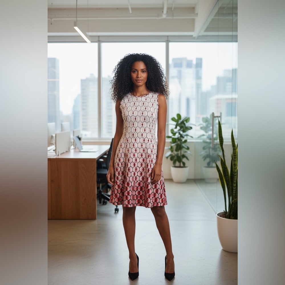 Sleeveless  Geometric Patterned Fit-and-Flare Dress Large Lightweight Polished